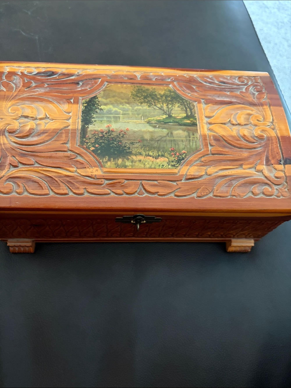 Handcrafted Wooden Jewelry Box with Scenic Inlay